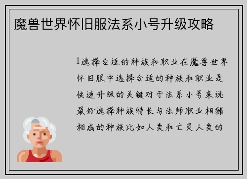 魔兽世界怀旧服法系小号升级攻略